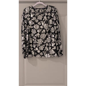 Women's Club Monaco Black Silver Floral Metallic Blouse S